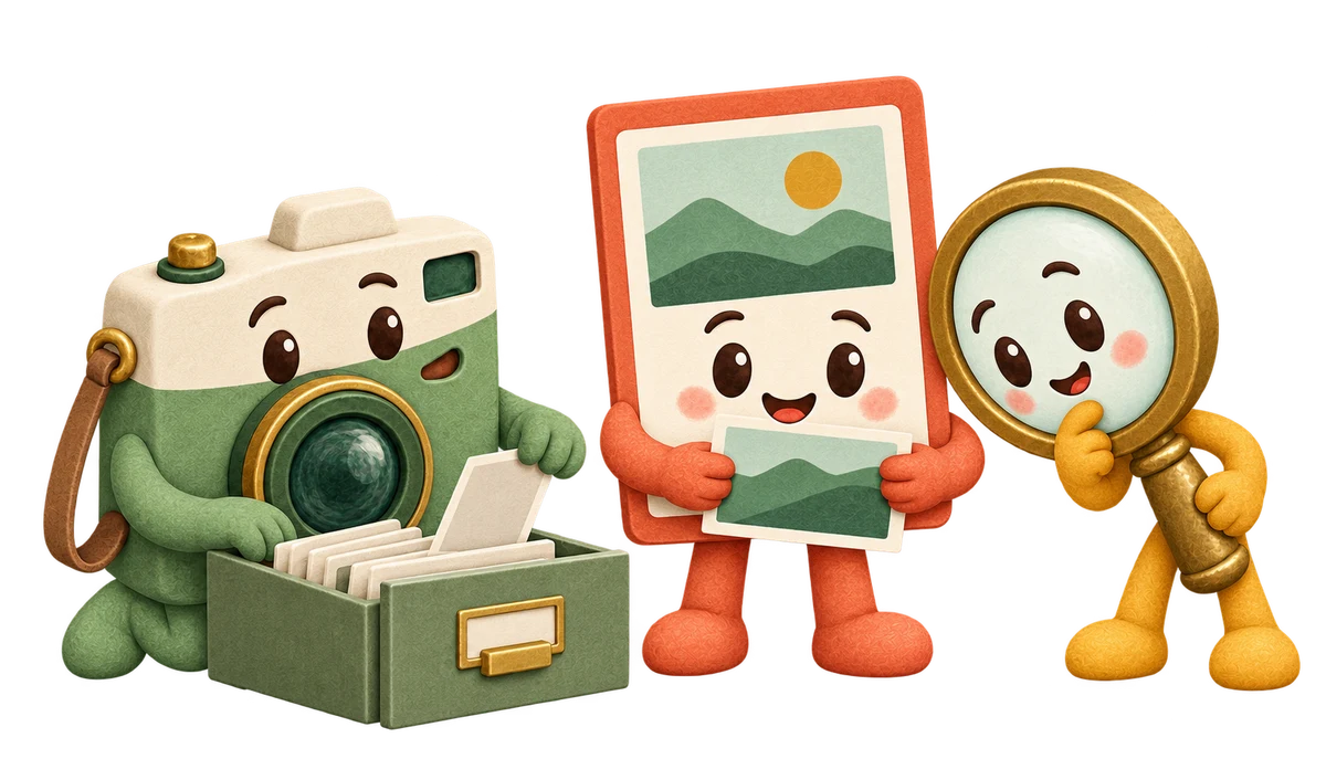 Scout the camera, Frame the photographic print, and Loupe the magnifying glass explore an archive of photographs together.